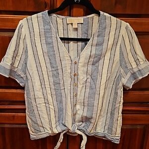 MICHAEL Kors Button Up, Blue & White Stripe, Gold Buttons, Tie Front, Sz L, Crop